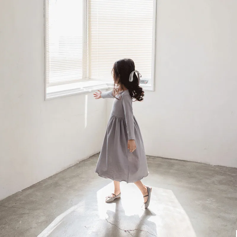 2020 Новое Детское осеннее платье кружевное в белый горошек серое для девочек