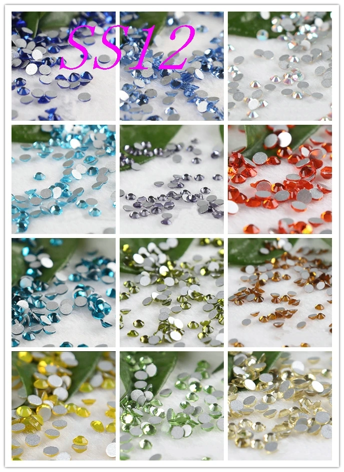 

1440pcs /bag SS12 Many Colors Nail Art Crystals Glass Non HotFix FlatBack Rhinestones, Glitters Glue stones