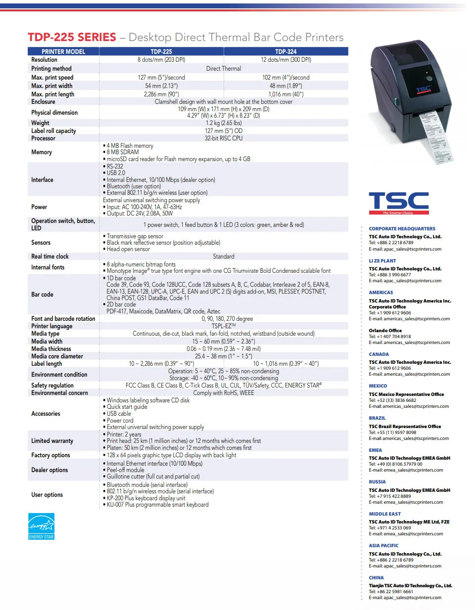 Абсолютно TSC TDP-225W 2D мини настольный небольшой Lable прямой тепловой принтер штрихкода и считыватель 203 точек/дюйм с портом Ethernet