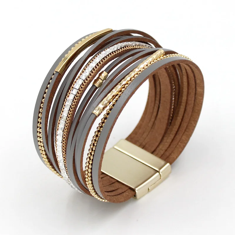Женские браслеты многослойный кожаный ремешок Стразы комбинированный