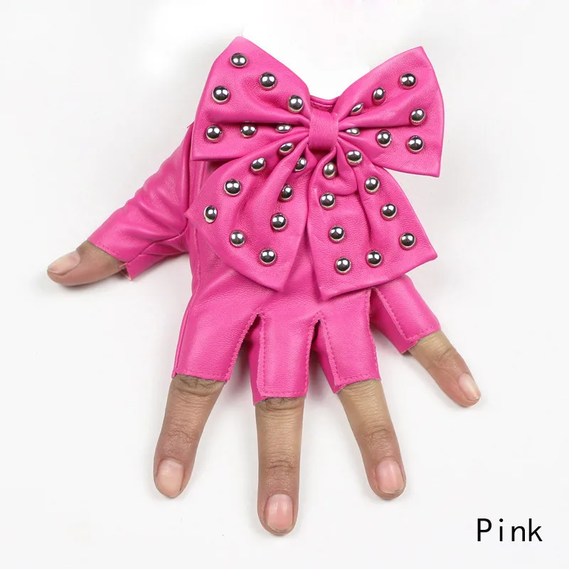 Pink Модные женские панковские танцевальные перчатки с заклепками на половину пальца женские спортивные фитнес-перчатки из искусственной кожи с бантом рукавицы Тактические перчатки без пальцев для девочек Luvas - Цвет: Pink