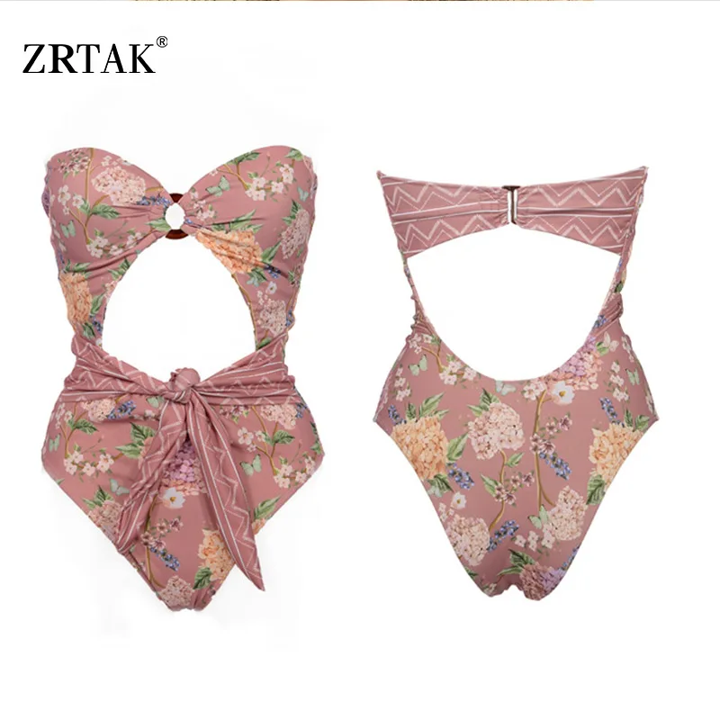 01 Zrtak, сексуальный сдельный купальник, Цветочный бандаж, открытая спина, с бантом, купальник для женщин, с принтом, глубокий v-образный вырез, бикини, женский купальник - Цвет: 01