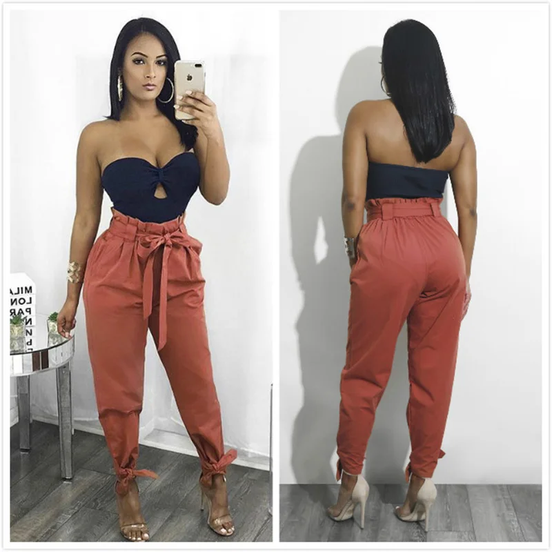 

Elastic High Waist Leg Bandage Pants For Women Nice Vogue Casual Loose Cargo Pants With Belt Solid Trousers Pantalones Mujer