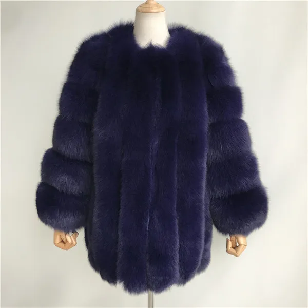 Navy blue Модная зимняя шуба из натурального Лисьего меха для женщин, Осеннее Женское пальто, длинное роскошное Женское зимнее плотное теплое пальто из натурального Лисьего меха - Цвет: Navy blue