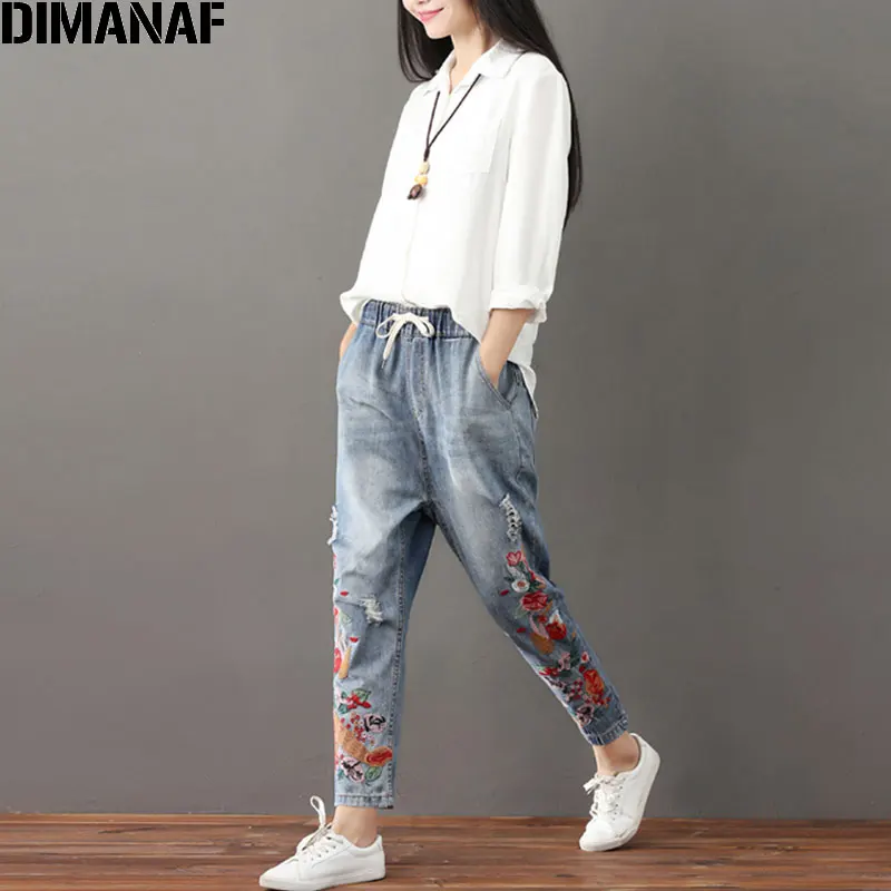 DIMANAF Women Jeans Harem Pants Plus Size Spring Ripped Denim Embroidery Floral Elastic Chinese Style Vintage New Blue Jeans 3XL