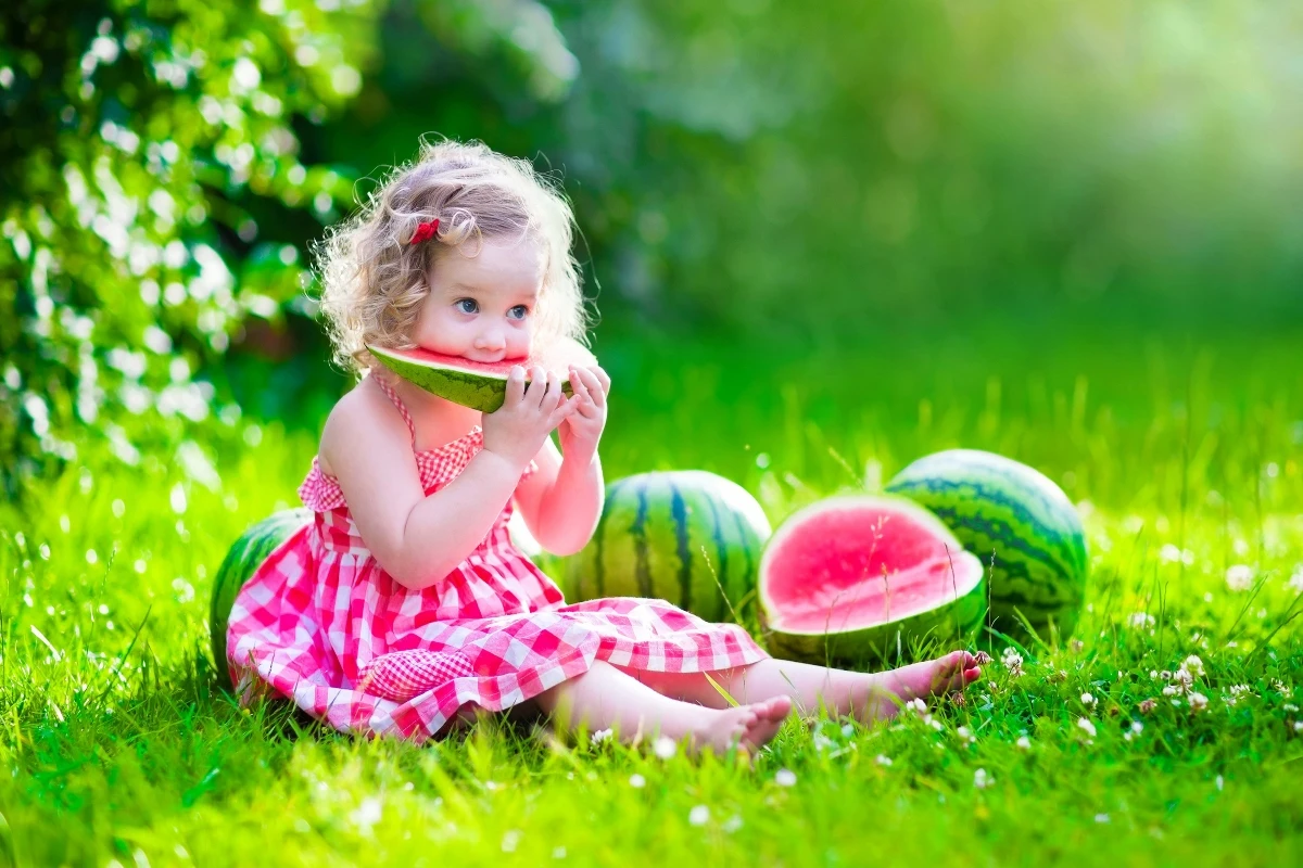 

custom print fabric poster (frame available) cute baby eating watermelon on meadow PBB17 wall decor room decor home decoration