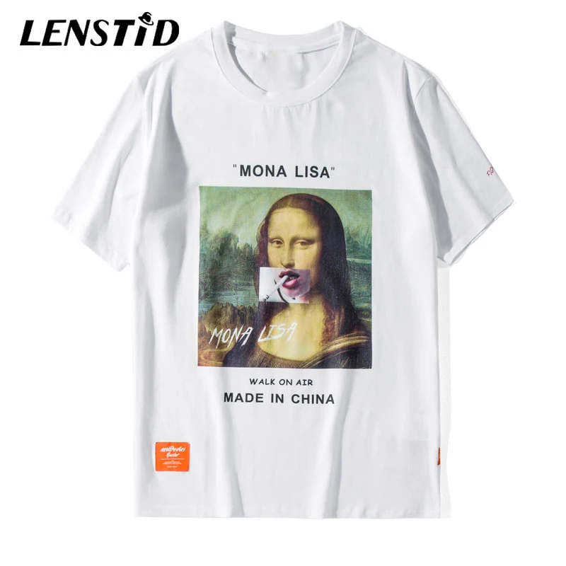 Забавные футболки LENSTID с рисунком курительной Моны Лизы уличная одежда 2019
