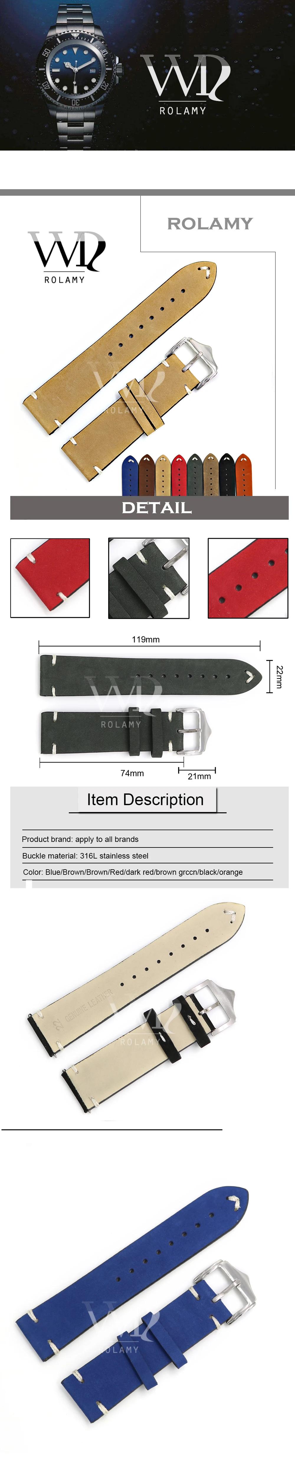 Rolamy Смотреть Band 20 22 24 мм кожаный ремешок для часов Rolex Omega Submariner Daytona Panerai коровьей замши черный Винтаж часы ремень