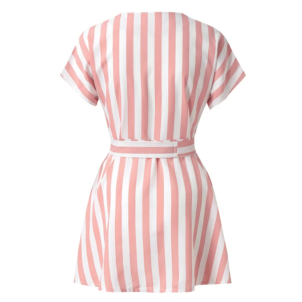 Летние платья повседневное мини платье женское с коротким рукавом v образный вырез полосатые карманы выше