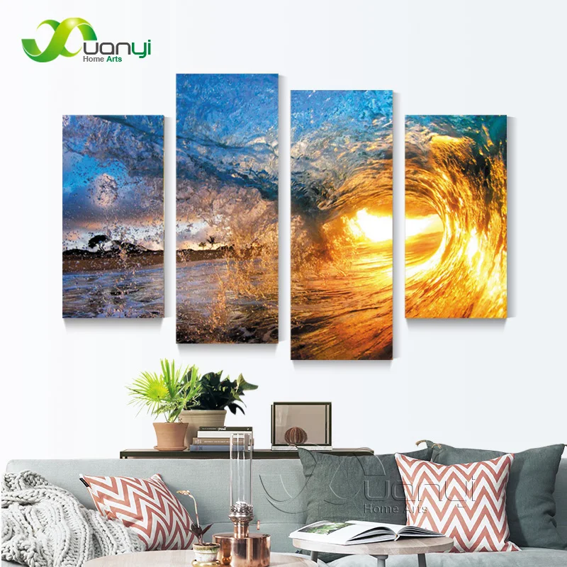 

4 Panel Beautiful Sunset Waves Canvas Painting Sea Waves Pictures Modular Paintings On The Wall Art Cuadros Decor For Bed Room