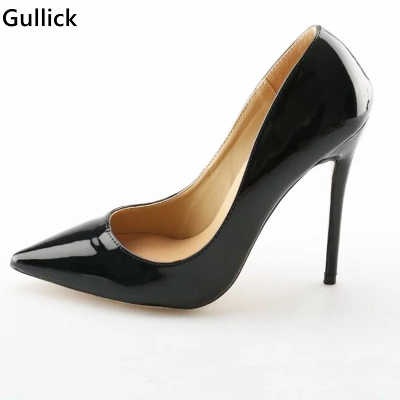 

Gullick Black Patent Leather High Heel Pumps Pointed Toe 12CM Slip-on Stiletto Heel Dress Shoes Woman Sexy Pumps Real Photo