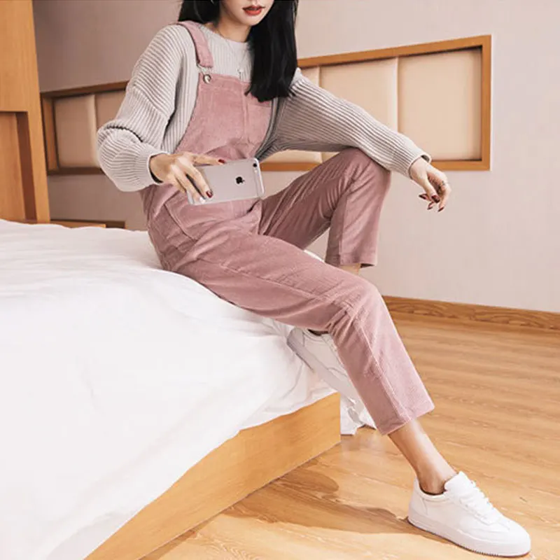 Женские вельветовые брюки с завышенной талией весна осень 2017|shoulder pants|bib pants