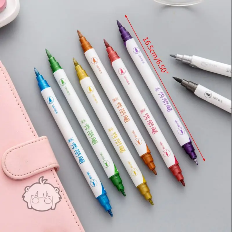 Color Double Head Pen Student Office Metal Note Pen 12 Monochrome Metal Color Creative Hand Account Line Drawing Greeting Card C