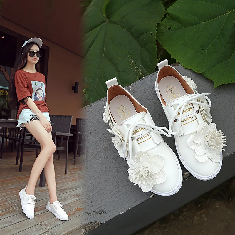 CHAISHOU 2019 Women's Spring New round head PU lace-up flower casual shoes platform small white student sports B-297 | Обувь