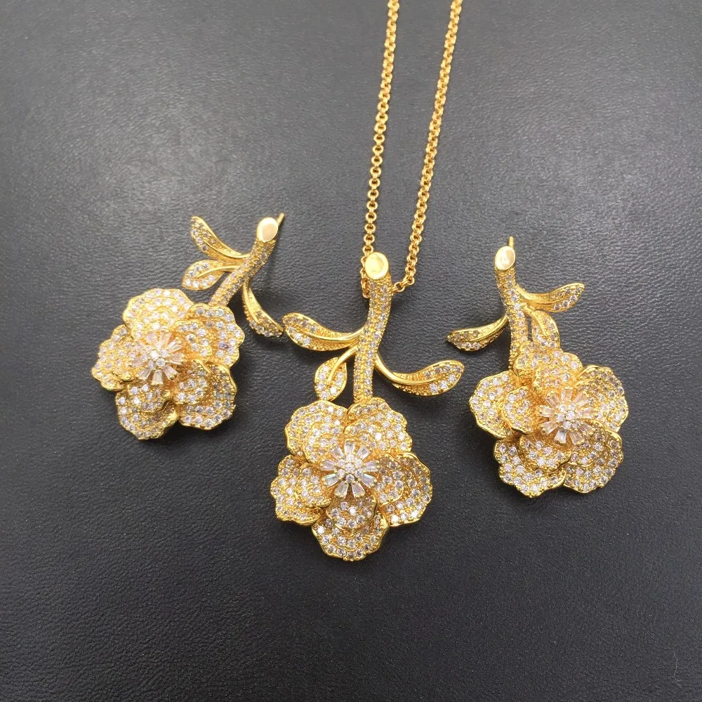 Lanyika Jewelry Set Luxury Stereo Plant Flower Zircon Micro Plated Necklace with Earrings for Woman Wedding Bridal Best Gifts | Украшения и