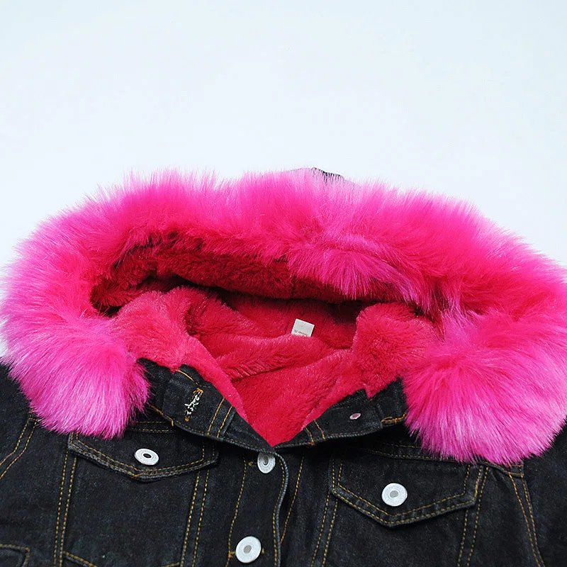 Fashion Girl Winter Jacket Denim Fur Hooded Jackets for Baby Girl's Thick Coat Warm Outerwear Kids Coats Jeans | Детская одежда и