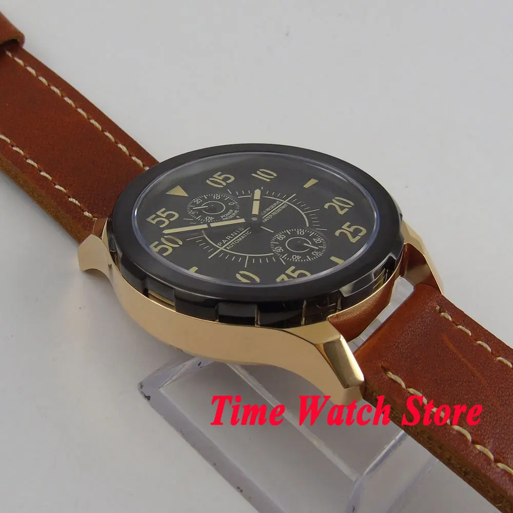 Мужские золотистые/черные наручные часы ST 2542 с зеркальным резервом заряда 44 мм