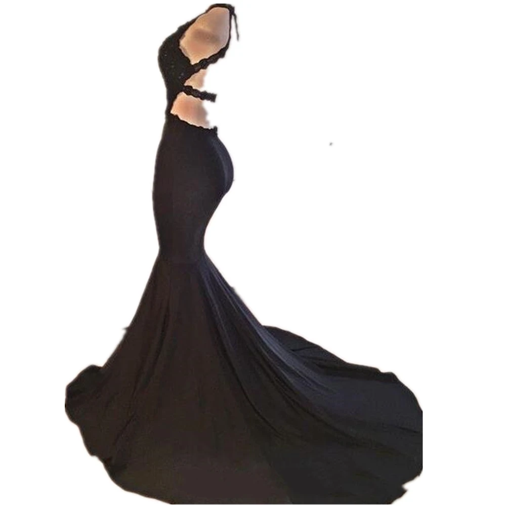 

2023 Sexy Black Halter Satin Mermaid Long Prom Dresses Lace Sequins Beaded Backless Side Slit Evening Dresses Formal Party Dress