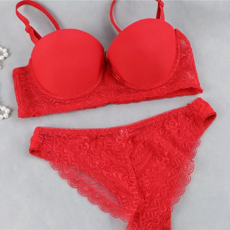 

Women Sexy Bra Set Floral Embroidery Adjusted Push Up Bra Set Thick Underwear Women Padded Lingerie Bra and Briefs Set