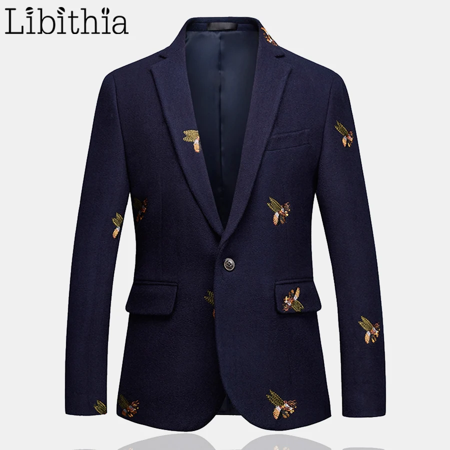 

Mens One Button Blazer Bee Embroidery Wedding Smart Casual Slim Fit Jacket High Quality Big Size 6XL Navy Blue Clothes Male T208