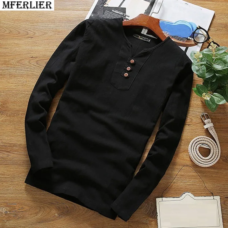 Осенние мужские льняной топ длинные рукава v-образный вырез хлопок большой