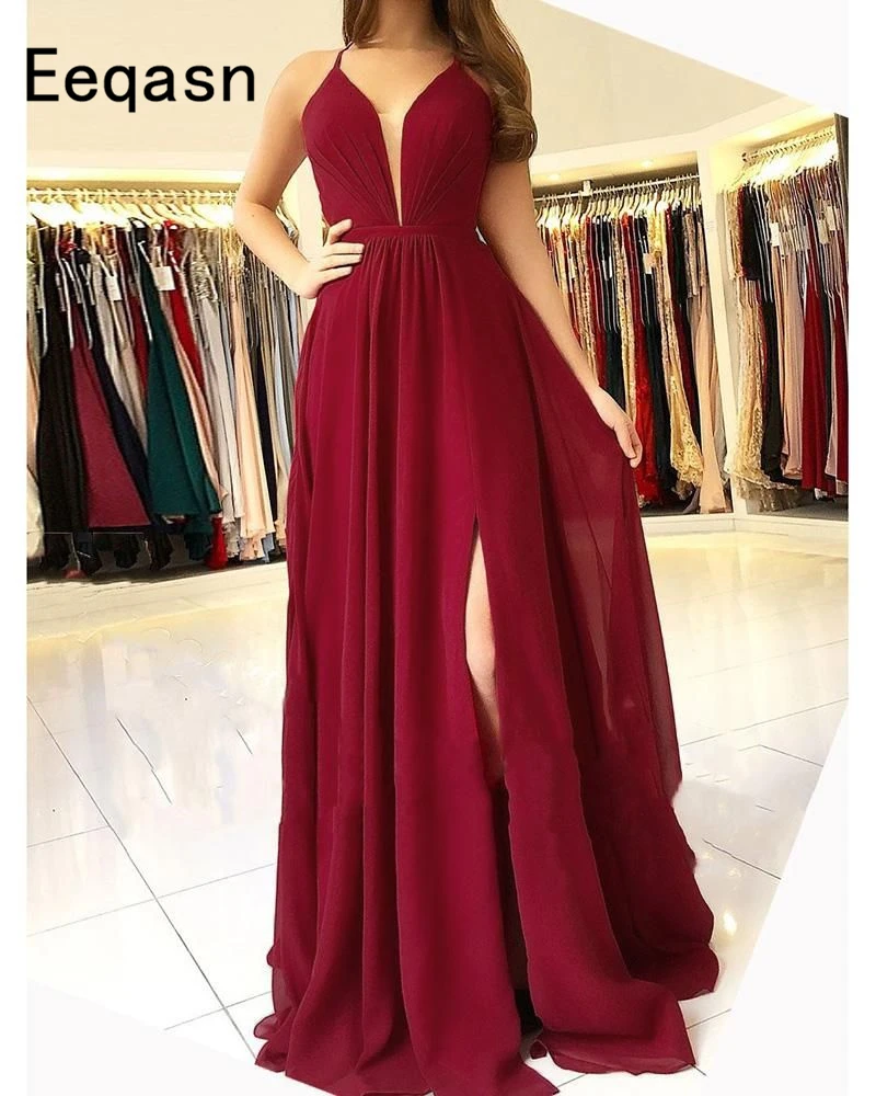 

Sexy vestido formatura Formal Party Gowns with Split A-Line Backless Burgundy Chiffon Long Prom Dress Formal Women Dresses