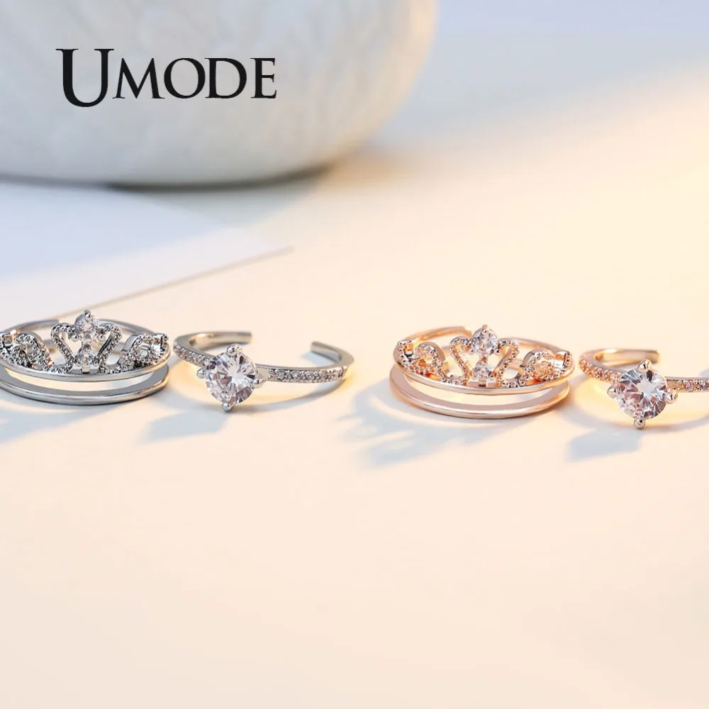 Женское кольцо с короной UMODE съемное двойное из белого золота прозрачными