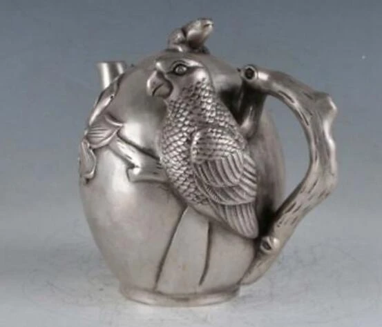 Chinese Copper Silver Hand Carved Bird Flower frog Teapot wine pot Antiques | Дом и сад