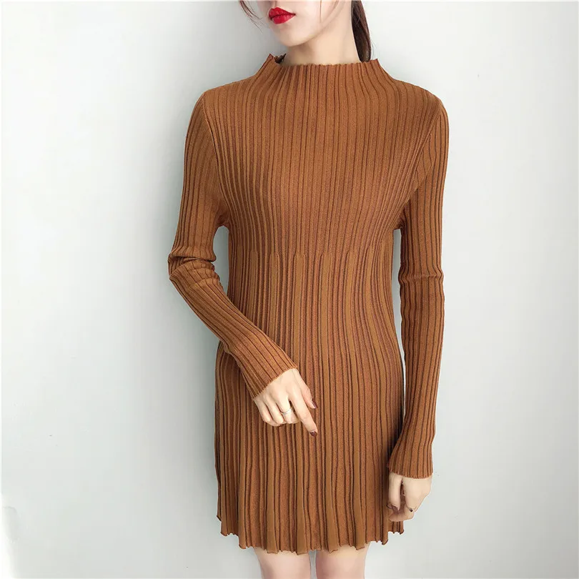 Elegant Long Sleeve Patchwork Knitted Women Sweater Dress Loose Stand Collar A Line Solid Female Pullover Jumper Undershirt | Женская