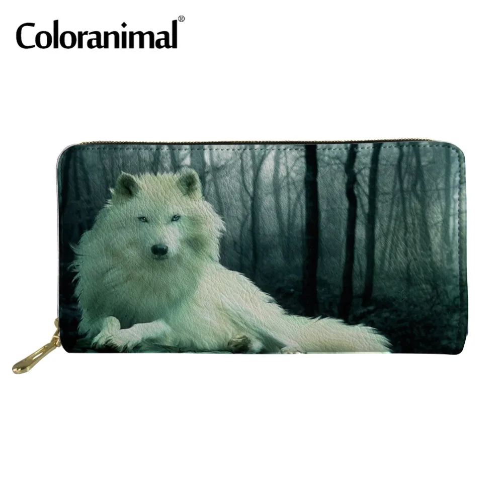 Кожаный кошелек Coloranimal для мужчин Длинный с принтом Белого Волка сумка монет