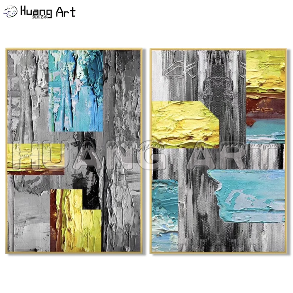 

2019 Newest Gold and Blue Abstract Handmade Oil Painting on Canvas for Living Room Decor Modern Abstract Knife Oil Painting
