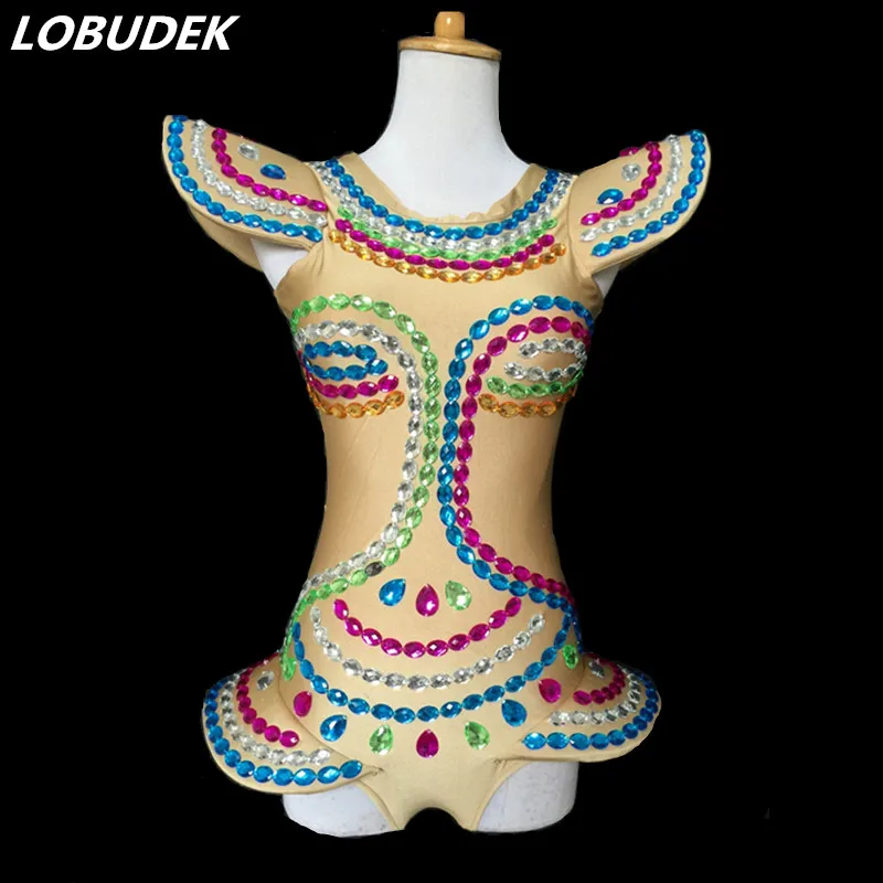 European style Bar Female DJ DS costumes Colorful Crystals stones bodysuit Nightclub Dancer stage show catsuit jazz dance outfit