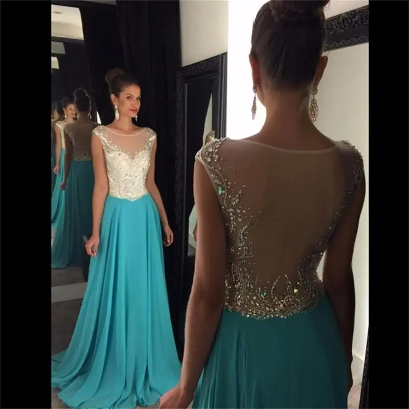 

New Fabulous 2017 Prom Dresses Scoop Cap Sleeve Floor Length Beading Chiffon A-Line Evening Gowns Vestido de festa