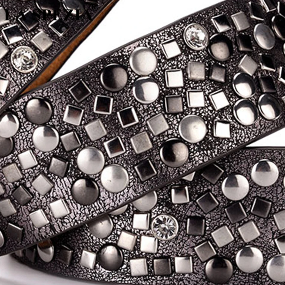 LA SPEZIA Women Belt Rivet Genuine Cow Leather Belt For Jeans Ladies Black Real Leather Brand Female Rock Pin Buckle Belts 110cm
