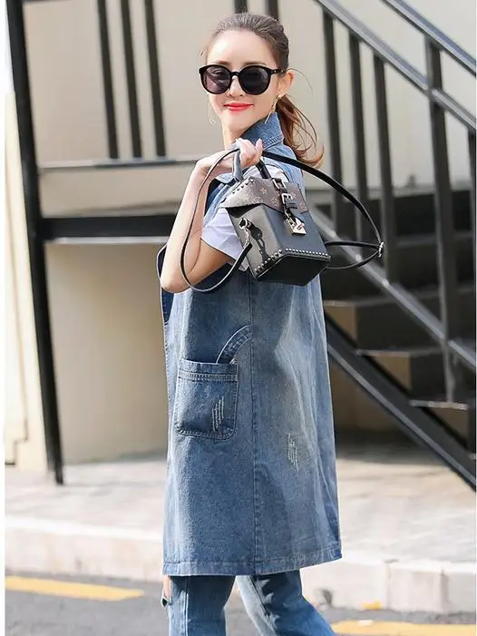 Женская джинсовая куртка длинный ковбойский жилет с воротником весна-осень 2018 |