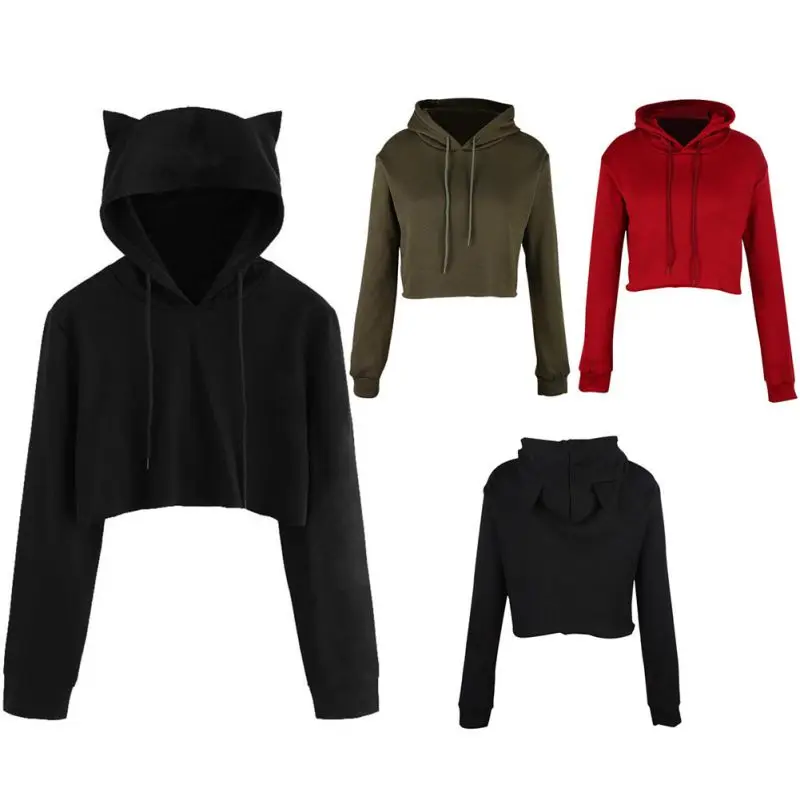 

Teen Girls Cute Cat Ear Breathable Trim Sweatshirt Crop Top Long Sleeve Pullover Hoodies Y9