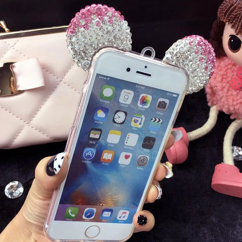 Роскошный чехол для телефона с 3D блестящими кристаллами и ушками iPhone 5 5S 6S Plus XS S8 S7