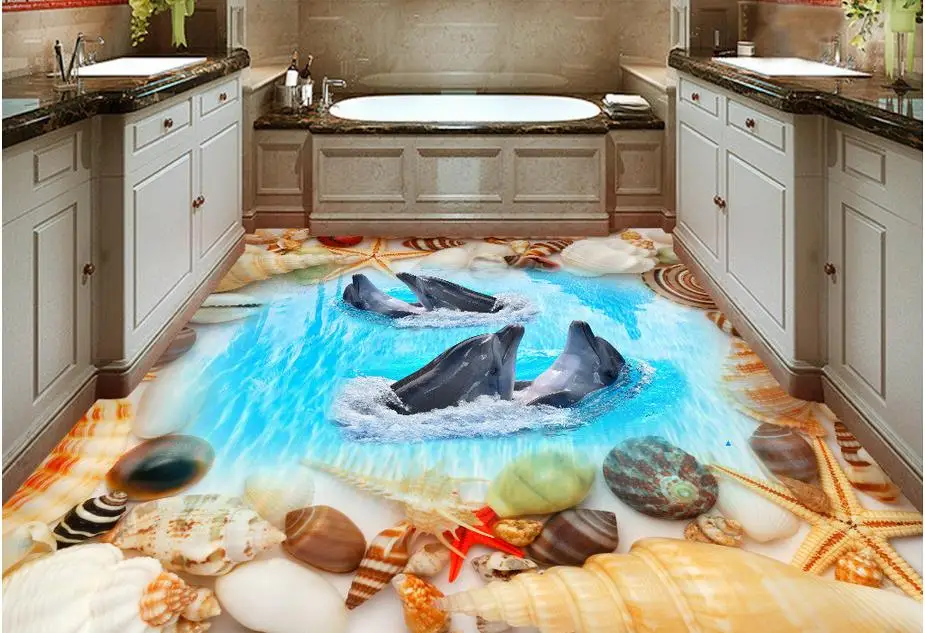 Пользовательские 3d полы пляжная оболочка обои с дельфинами пол живопись