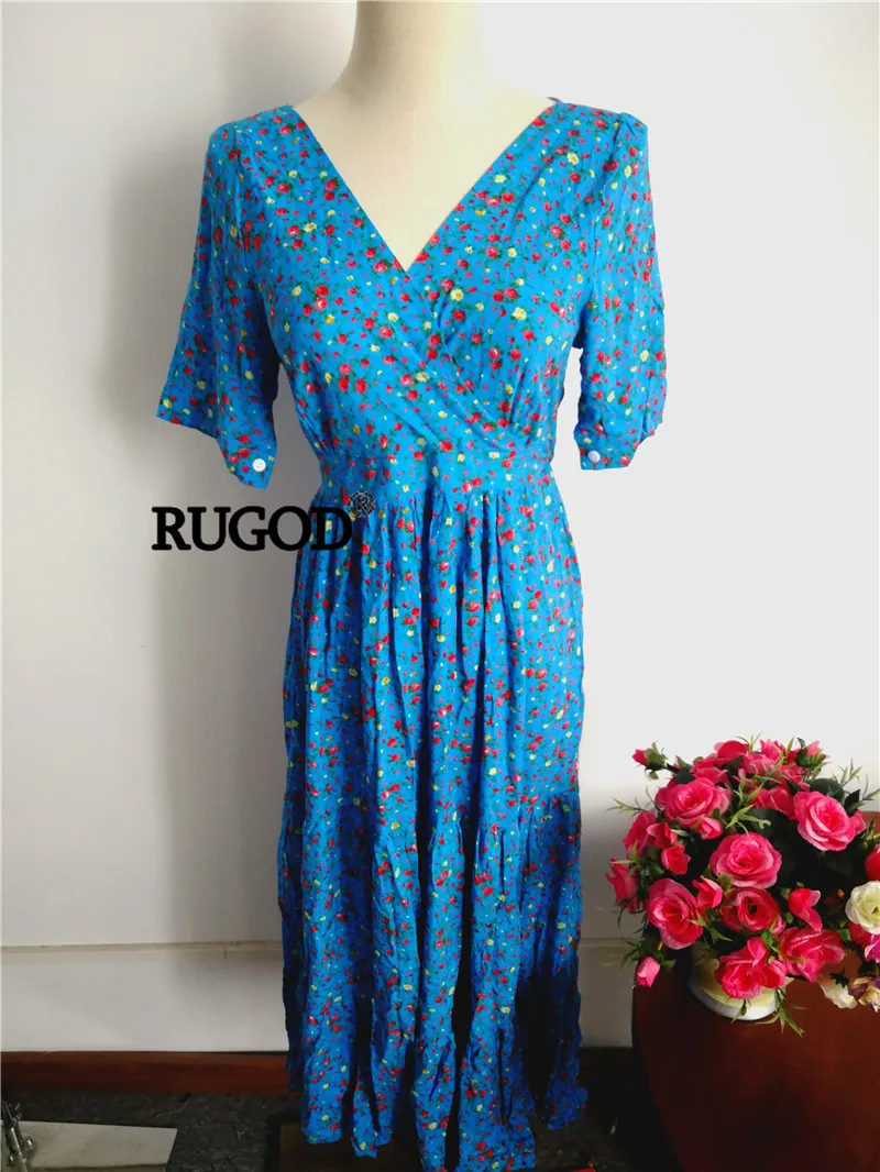 RUGOD, летнее платье,, цветочный принт, платье для женщин, высокая масса, тонкое, бохо, платье с v-образным вырезом, ropa mujer