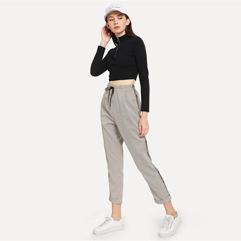 Dotfashion, хаки, на завязках, клетчатые, с буквенным принтом, женские штаны,, повседневные, модные штаны, для девушек, весна, осень, средняя талия, брюки
