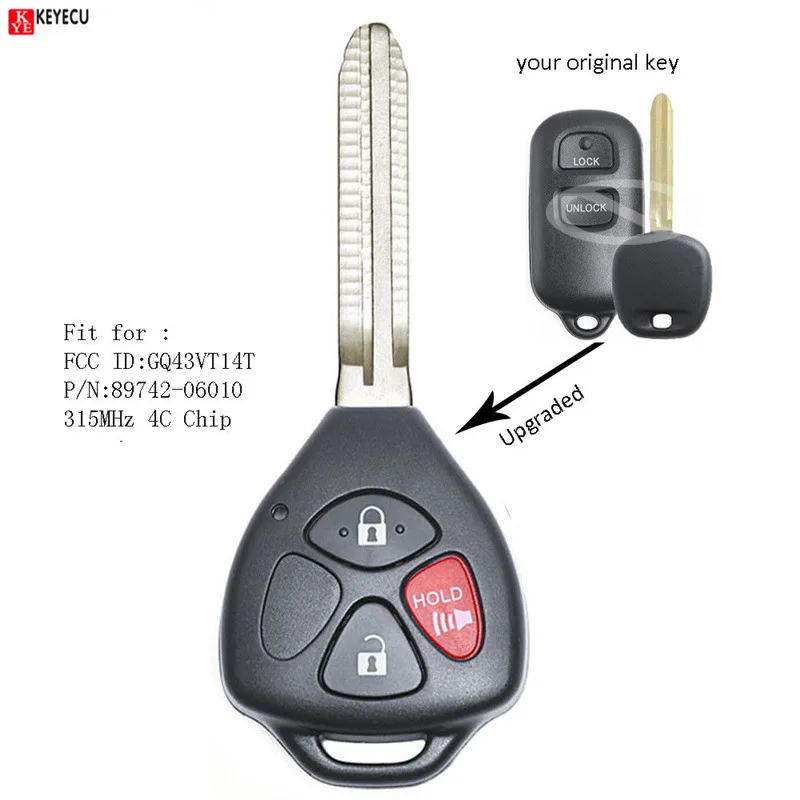 Keyecu обновленный дистанционный ключ Fob чип 315 МГц 4C для Toyota Camry Corolla Sienna Echo Matrix Celica 2000