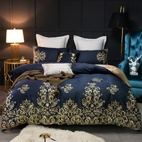 golden 80s egyptian cotton luxury embroidery royal bedding set queen king lace duvet cover bed sheet blue black pillowcase 46pc