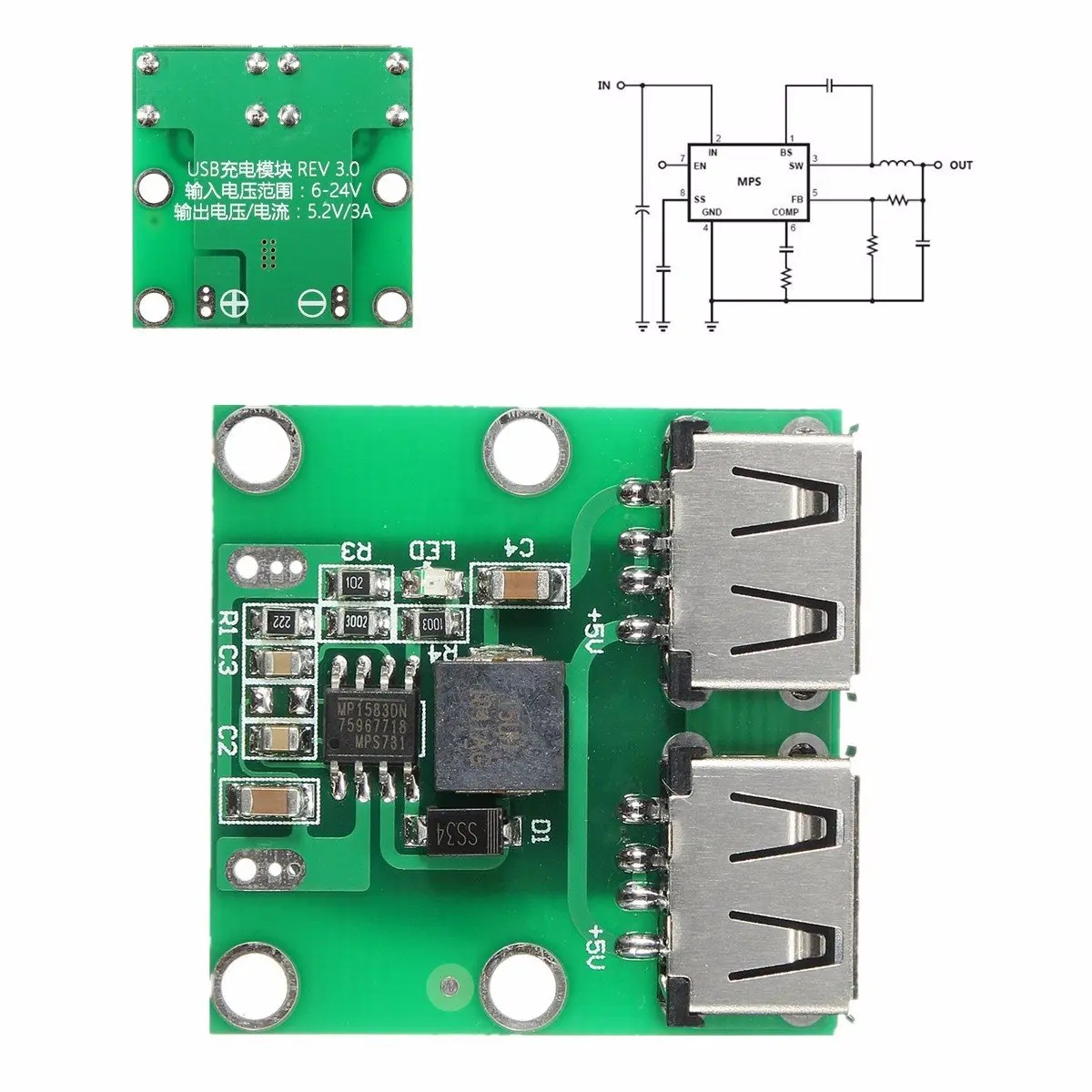 Новое поступление 1 шт. двойной USB выход 9 В/12 В/24 В до 5 DC-DC 3A понижающий модуль