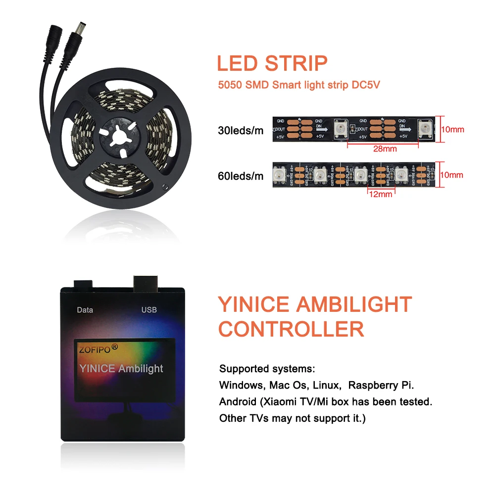Ambilight USB WS2812B Светодиодная лента HD tv монитор Настольный ПК экран тыловая подсветка ws2812 Пиксельная лента 1 м~ 5 м