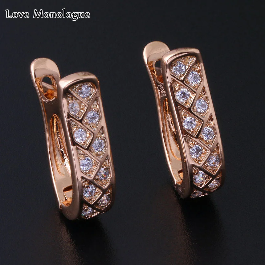 

Женские серьги-кольца, Классические золотистые серьги с белым кубическим цирконием, X0239, Любовный монолог