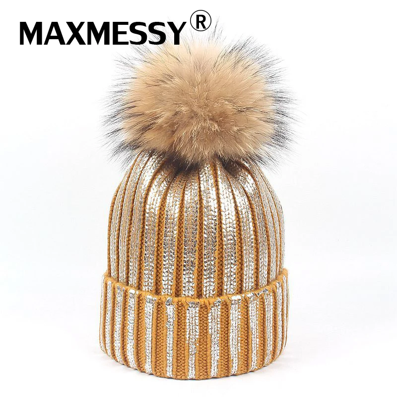 Maxmessy толстые Bronzing Серебряный шапки енота меховым помпоном шапка для Для женщин