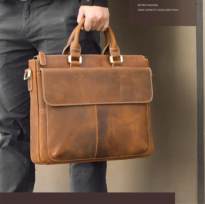 Luufan Genuine Leather Hand Briefcase Office Working Handbags New Fashion Crazy Horse Leather Men Breifcases Brown Laptop Bag