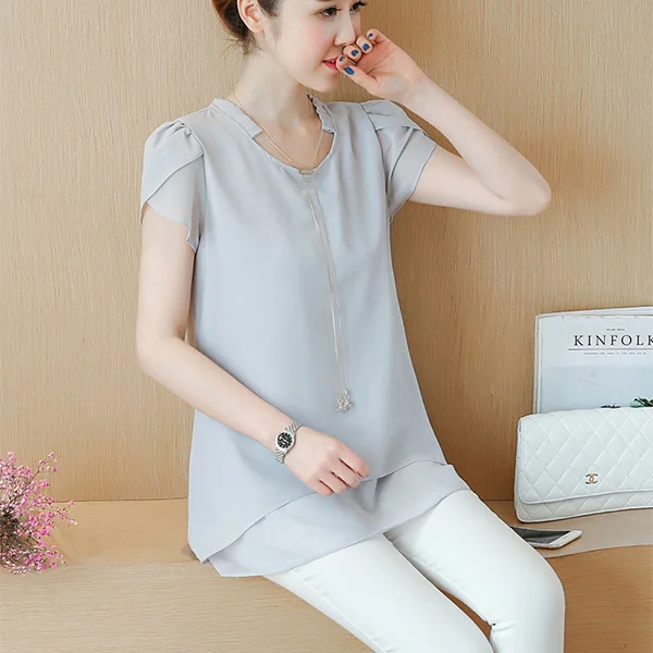 light grey Блузка рубашка женские блузки модная шифоновая черная розовая летняя одежда для женщин Стильная корейская модная одежда Топ женский - Цвет: light grey