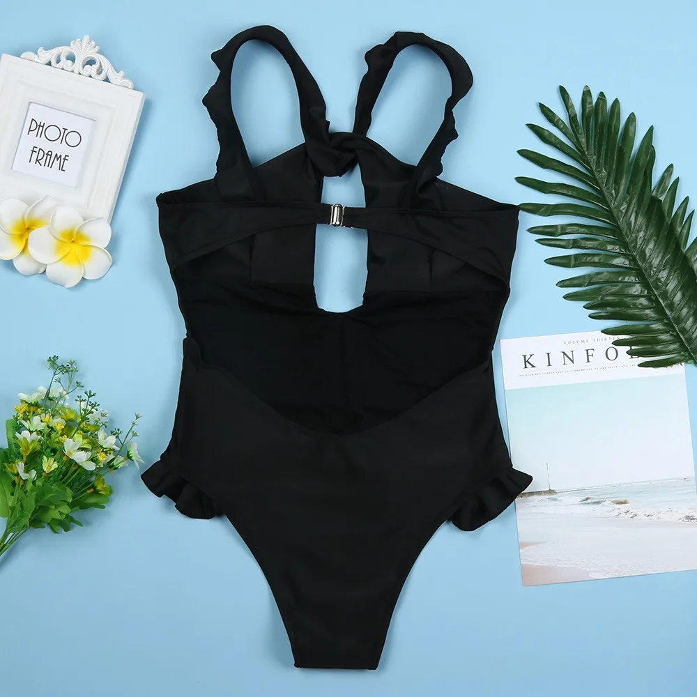 Женский слитный купальник Mayo Maillot De Bain Femme Одноцветный с рюшами на бретельках