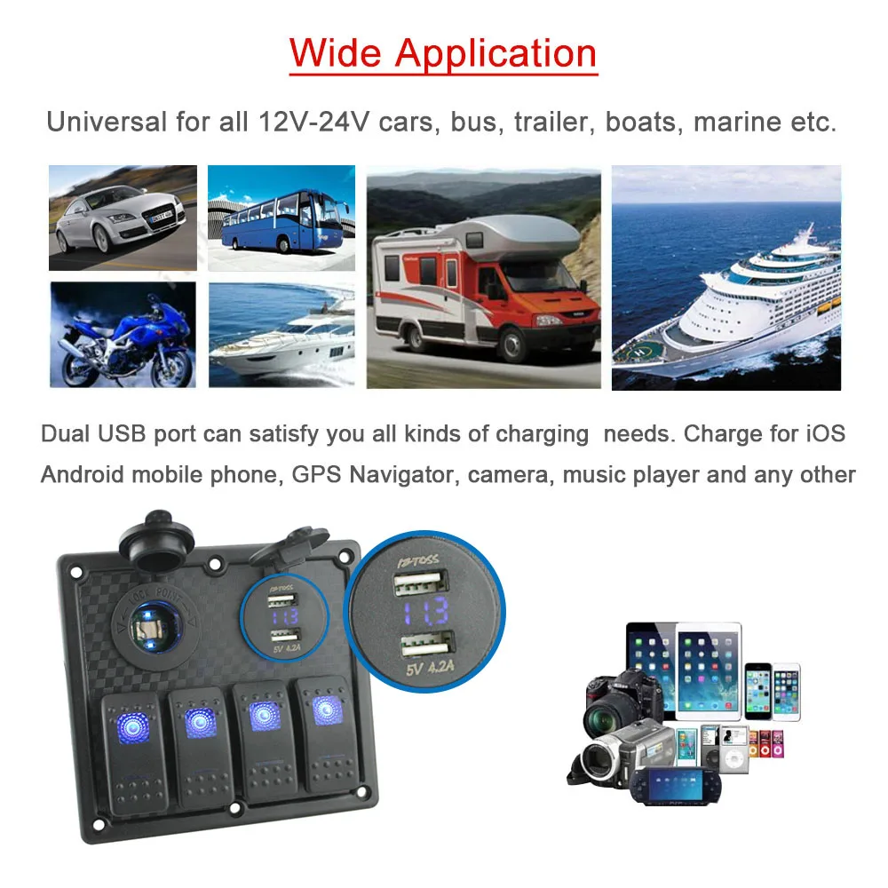 Водонепроницаемый 4 кнопочный переключатель панель Led кулисный с двойным usb